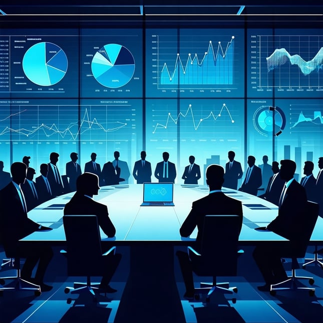 The image depicts a business environment with graphs and people in a board room wearing business attire