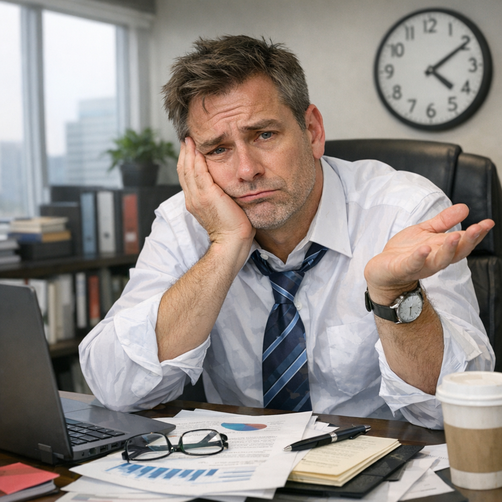 A picture of s business man in his office tire and confused