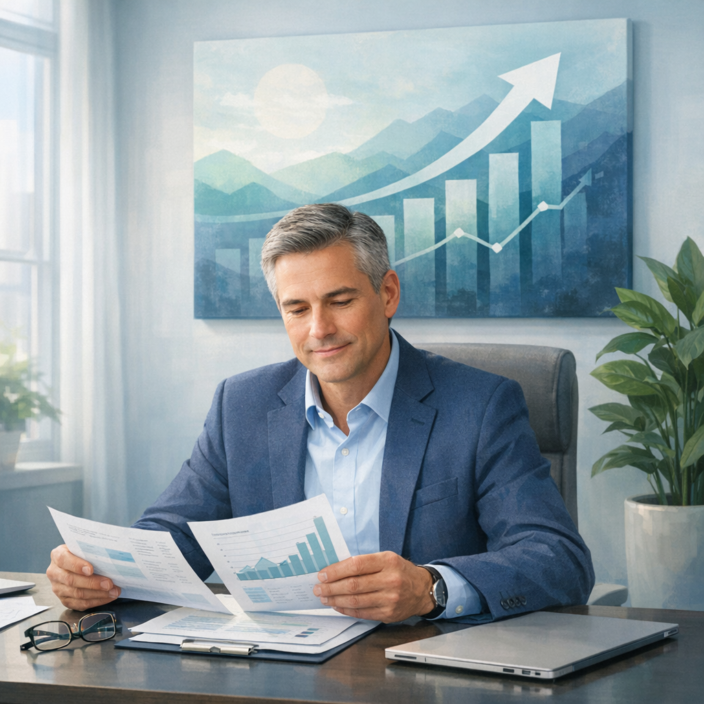 A serene minimalist office setting bathed in soft natural light filtering through large windows In the foreground a calm professionallooking individua-1