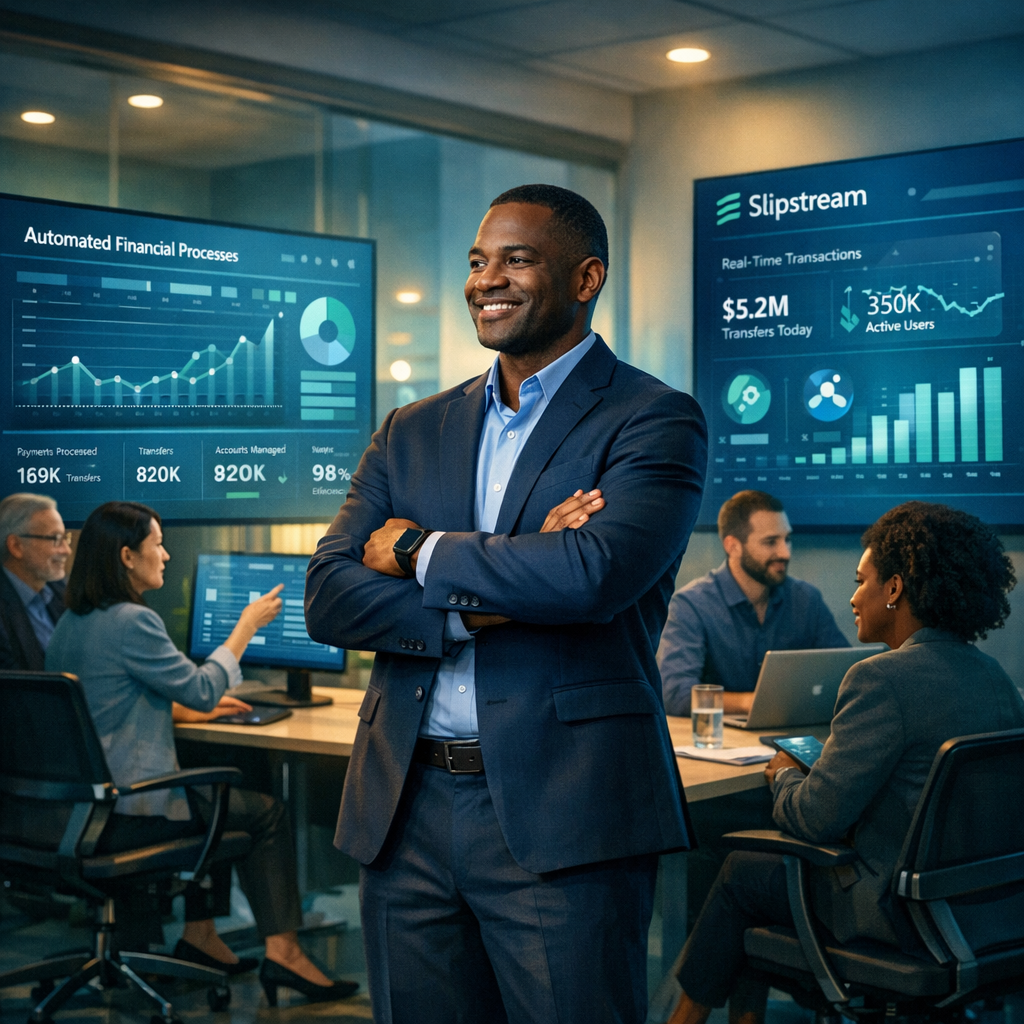 A sleek modern office environment filled with diverse professionals collaborating seamlessly around digital screens displaying automated financial dat