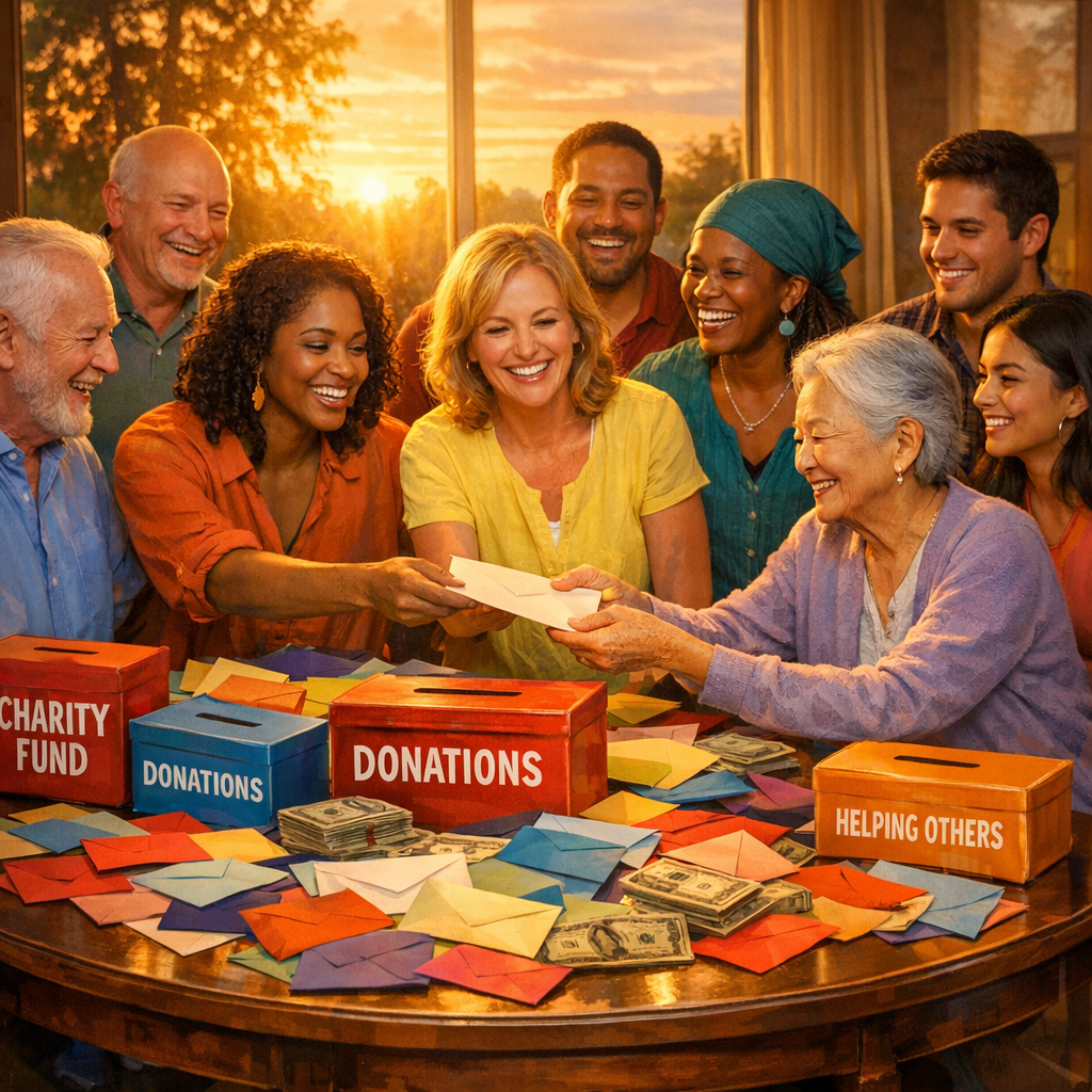 Envision a heartwarming scene where a diverse group of individuals gathers around a large beautifully decorated table filled with colorful envelopes a