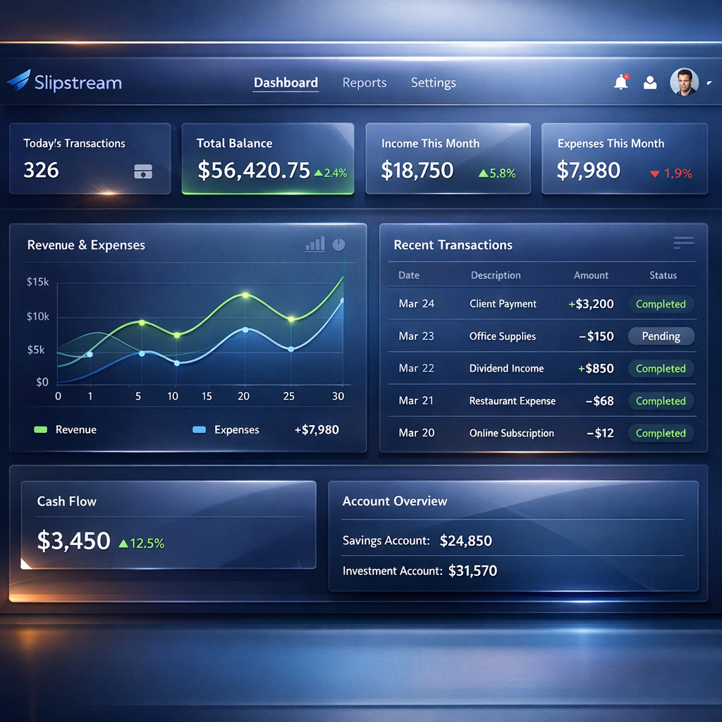 Imagine a sleek minimalist financial dashboard named Slipstream where transparency takes center stage The interface elegantly displays realtime transa