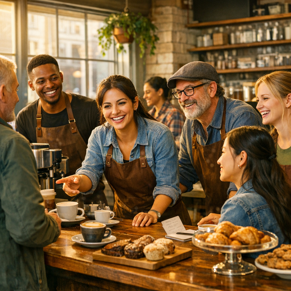 In a bustling urban caf a diverse group of smiling baristas engages warmly with customers showcasing their dedication to solving challenges Sunlight s