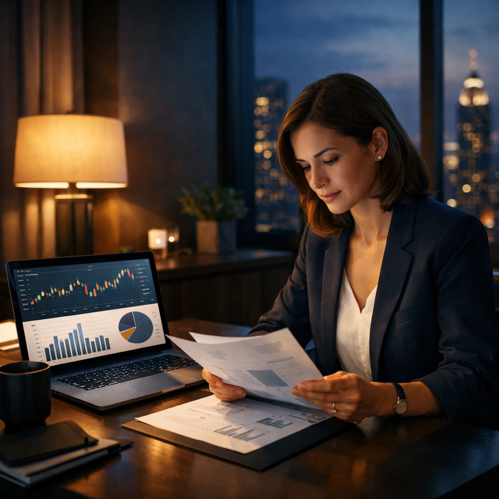 In a dimly lit modern office space a focused businesswoman is seated at a sleek desk reviewing financial documents while her laptop displays graphs an