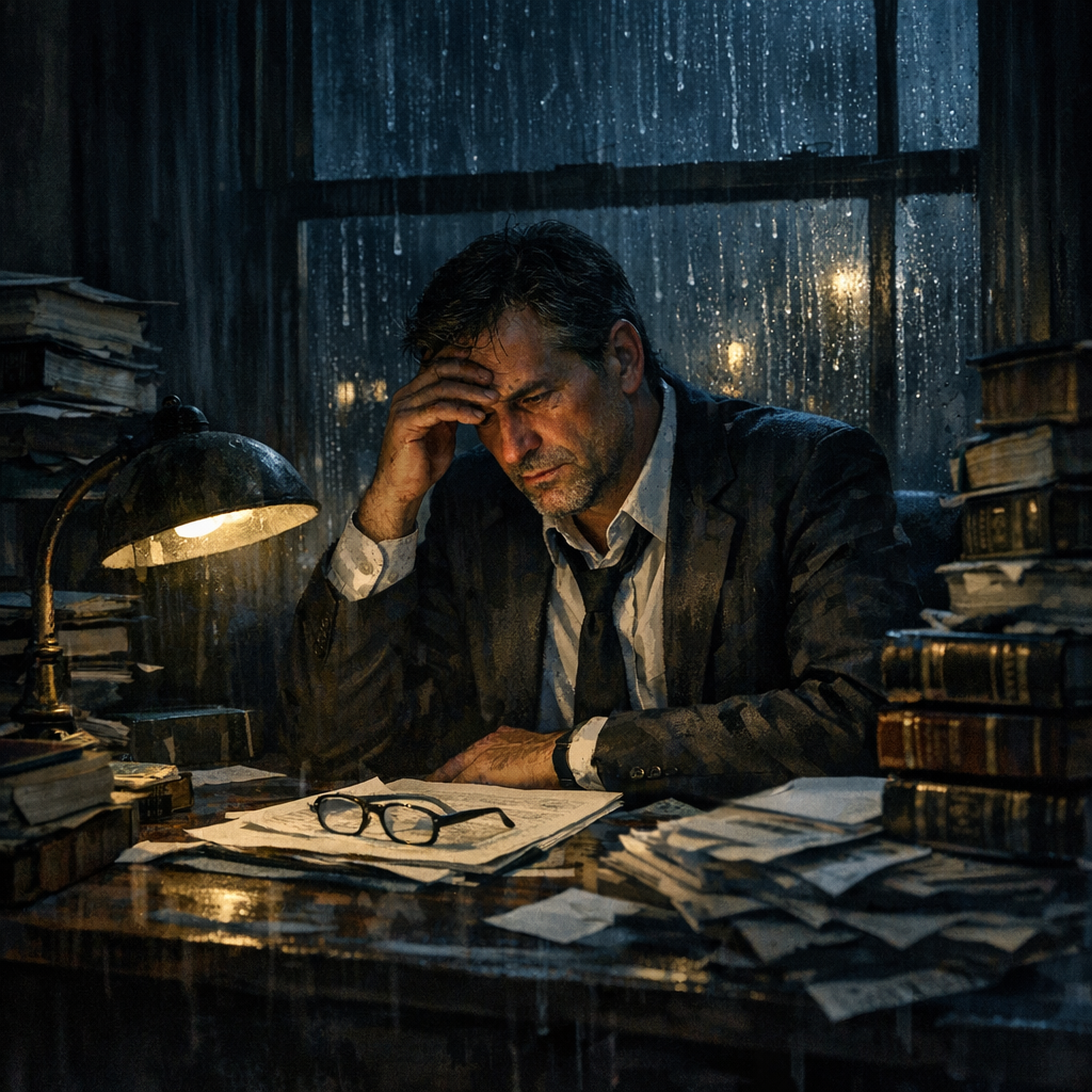 In a dimly lit office a troubled lawyer sits at a cluttered desk surrounded by towering stacks of legal books and scattered case files Shadows cast by