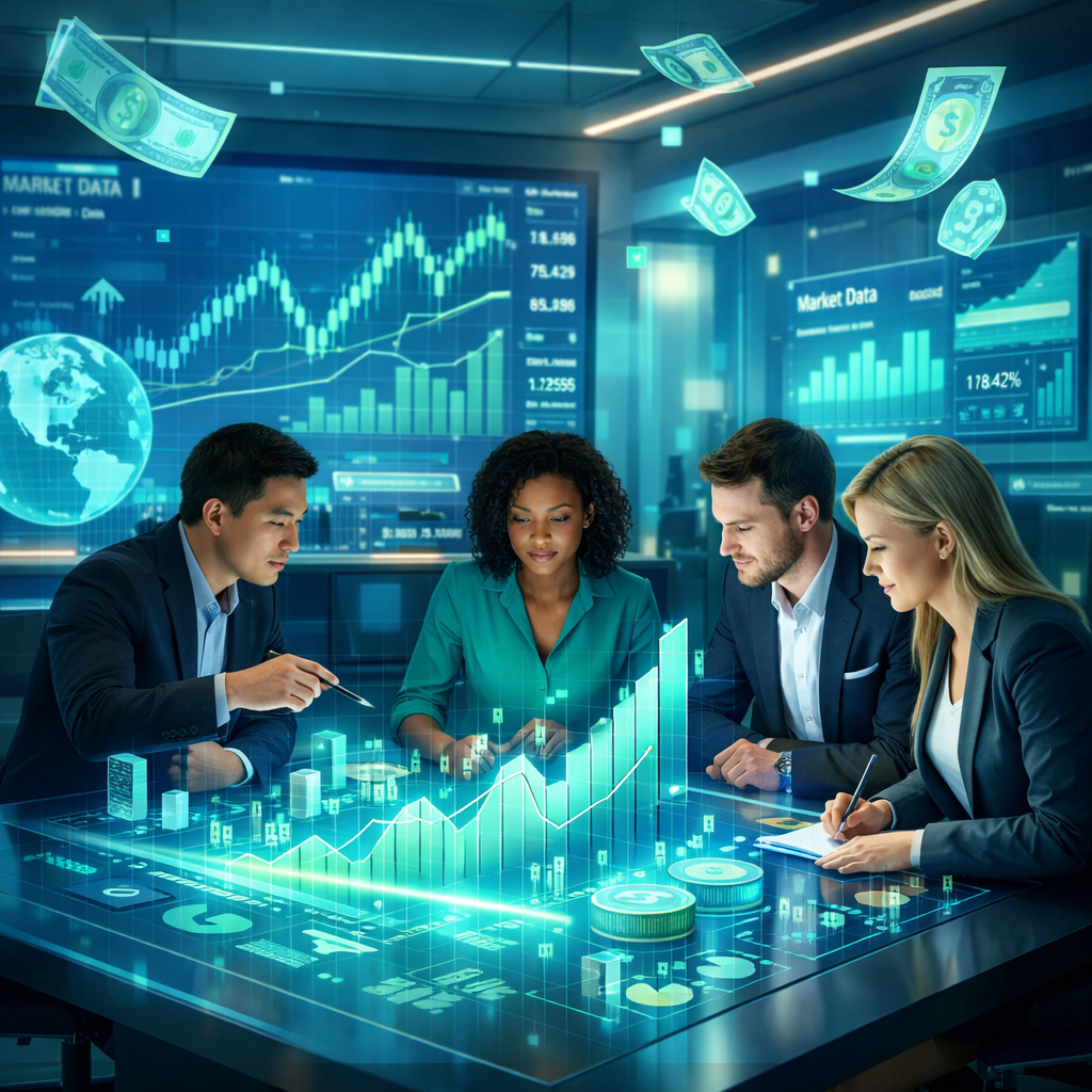 In a futuristic office environment envision a sleek modern workspace brimming with holographic displays that present a vivid financial dashboard in re-1