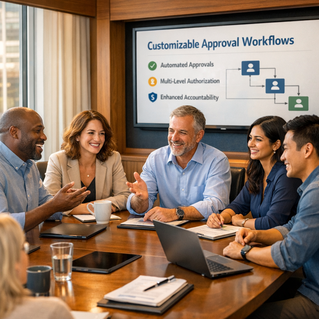 In a modern office setting a diverse team of professionals gathers around a sleek conference table engaged in a lively discussion about customizable a-1
