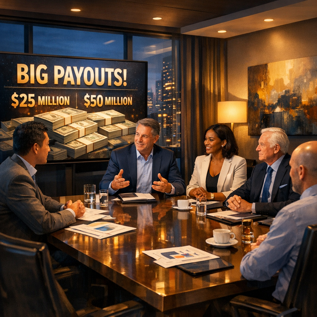 In a sleek modern corporate office bathed in soft ambient light a group of diverse professionals gathers around a polished conference table discussing