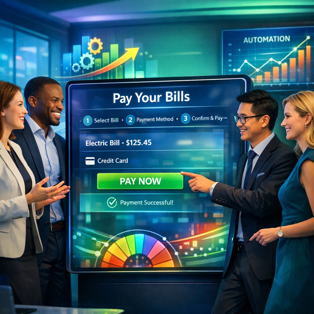 In a sleek modern office bathed in soft ambient hues of blue and green a glowing touchscreen interface prominently displays a streamlined bill payment-1