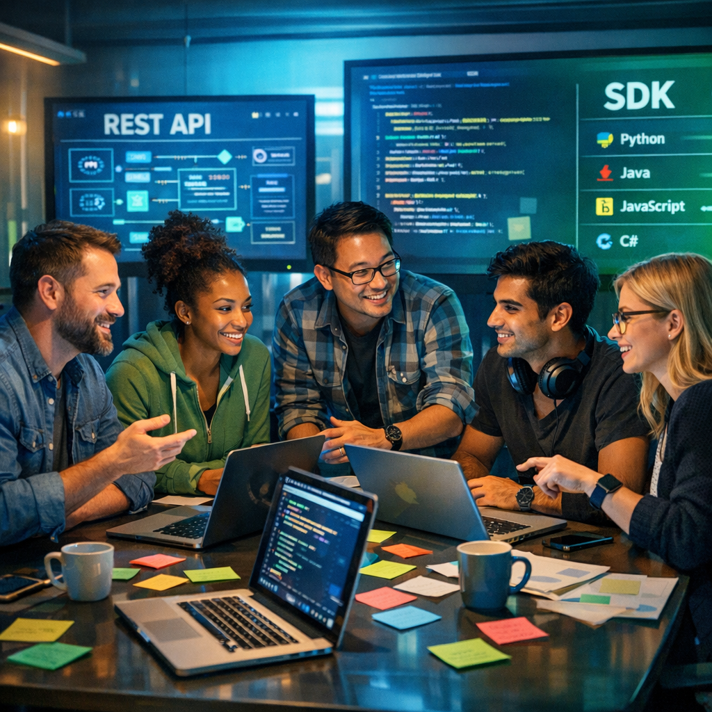 In a sleek modern office bathed in warm light a diverse team of developers engages in spirited collaboration around a large table cluttered with lapto