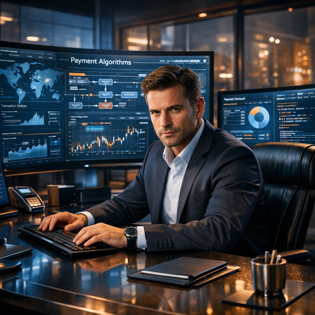 In a sleek modern office filled with advanced technology a focused man sits at a large polished desk surrounded by multiple screens displaying intrica-1