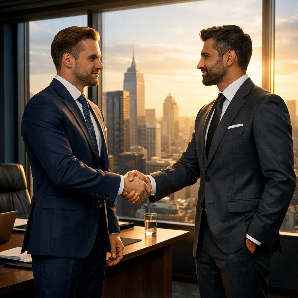 In a sleek modern office with floortoceiling windows overlooking a bustling cityscape two welldressed men in tailored suits engage in a firm handshake