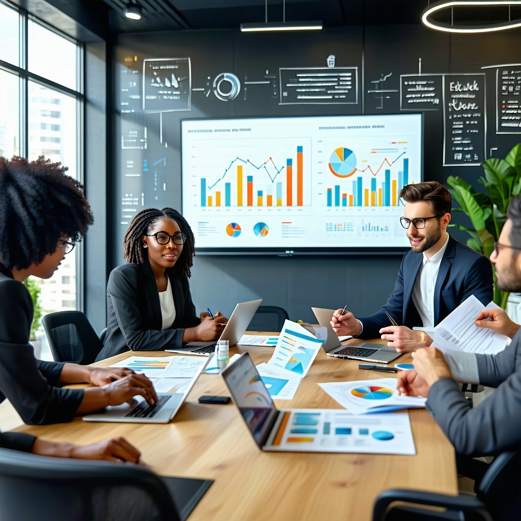 The image features a modern sleek office environment bathed in natural light In the foreground a diverse team of professionals including a Black woman in a business suit a Hispanic man with glasses and a Caucasian woman huddle around a large conferen