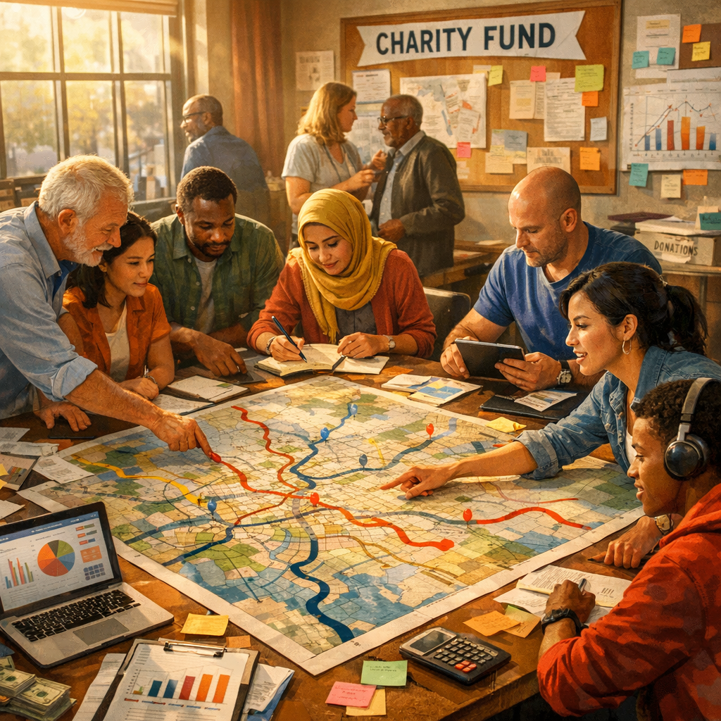 Visualize a bustling charity office filled with diverse people collaborating over a large map symbolizing various routes of fund distribution The atmo-1