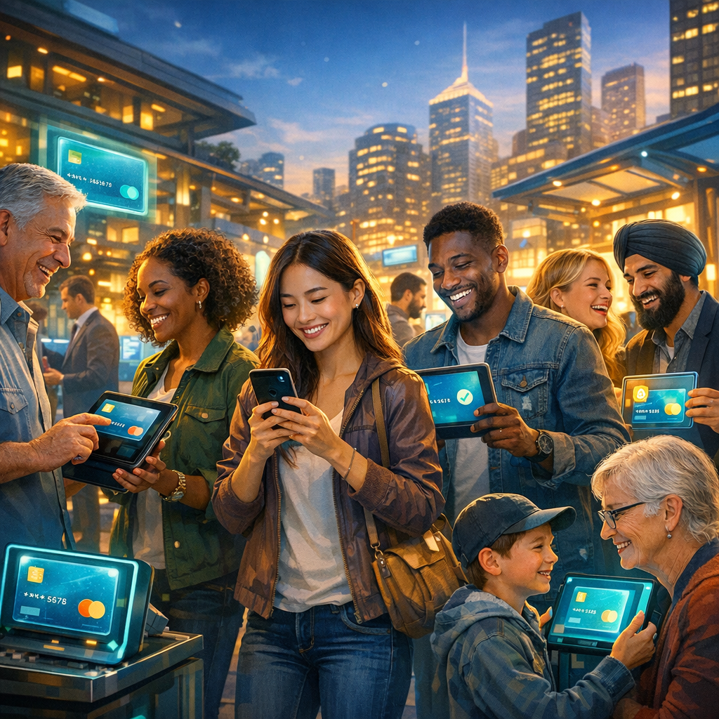 Visualize a bustling digital marketplace where a diverse group of people representing various ages and backgrounds joyfully interact with sleek futuri