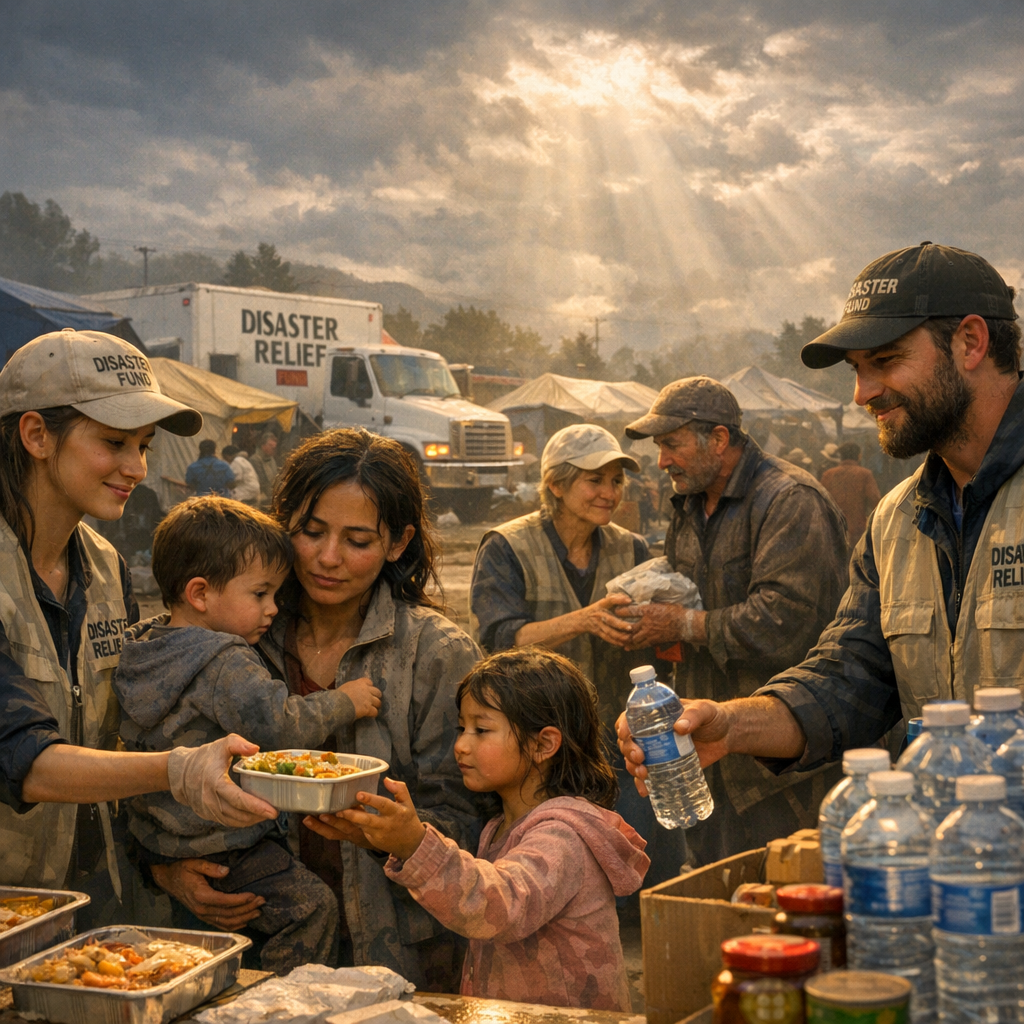 Visualize a poignant scene depicting a disaster relief fund in action In the foreground compassionate volunteers distribute food and supplies to famil-1