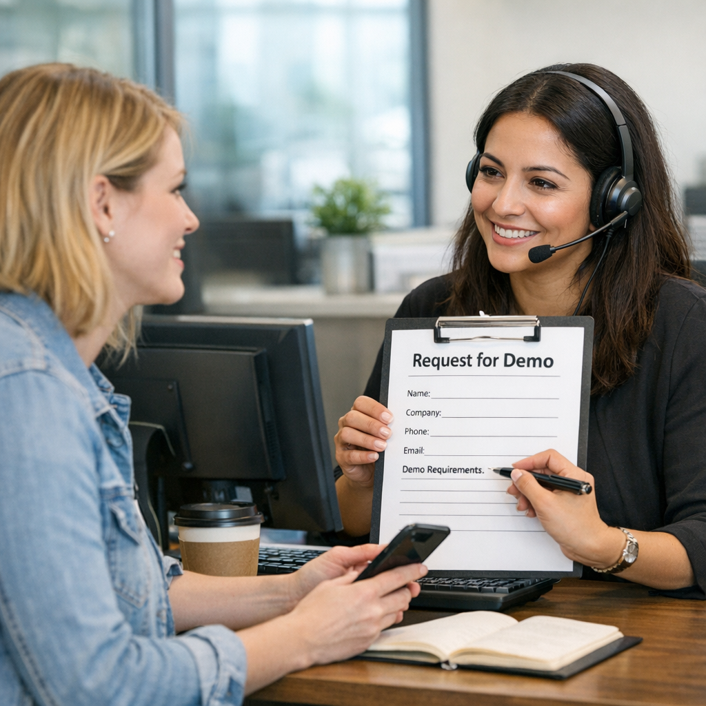 photographic An image  of a customer current request for demo with a customer service agent-1