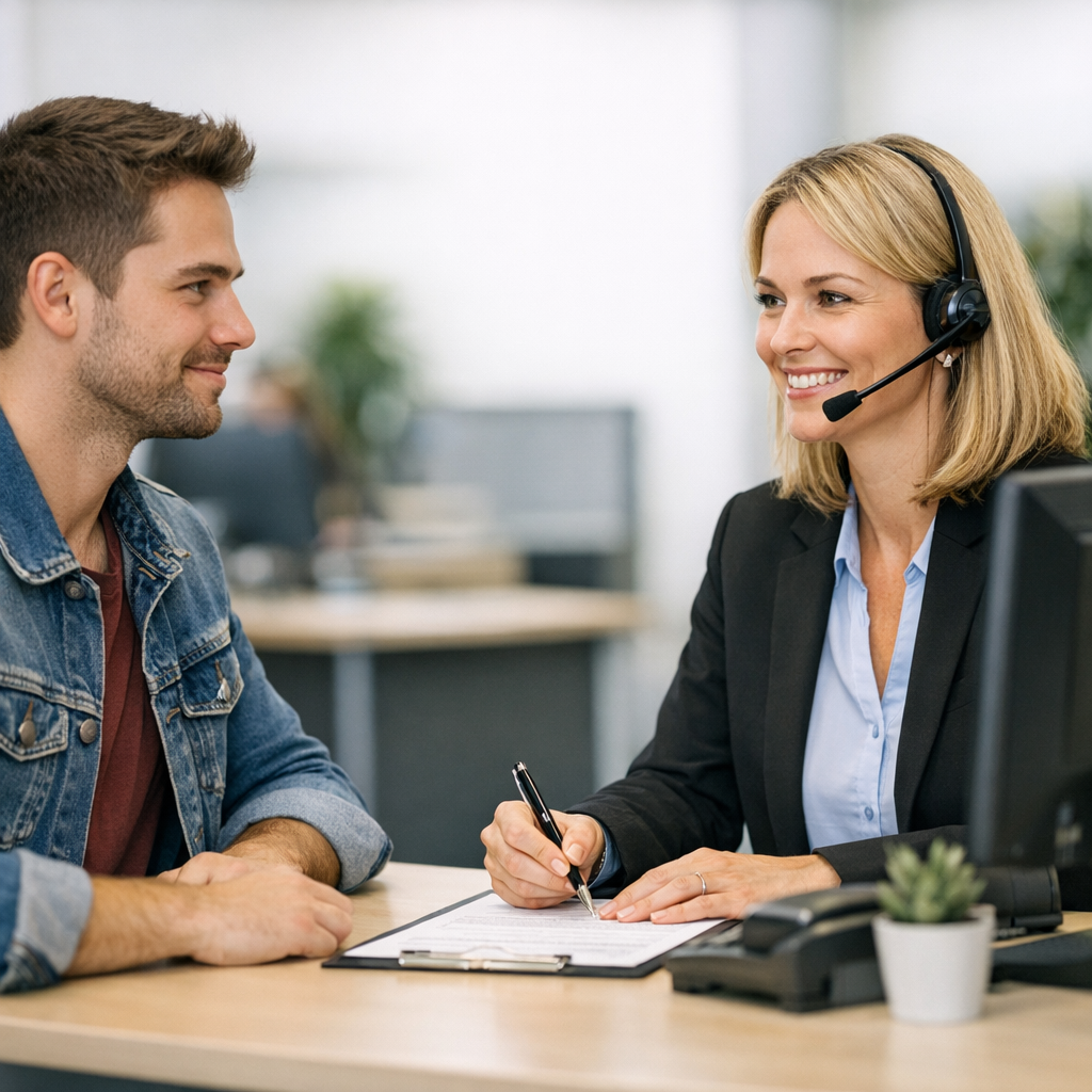 photographic picture of a customer at the table of customer service agent i want to use it on the left hand side of my website section-3